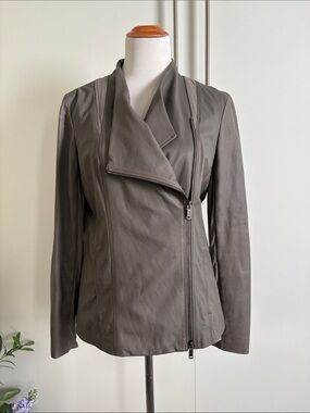 Womens Gray Leather Asymmetrical Zip Jacket M